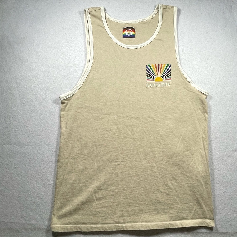 Dockers Men's Small Beige Sleeveless Tank Top Rainbow Logo 100% Cotton